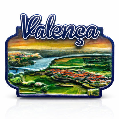 Valença Portugal souvenir magnet featuring a panoramic river landscape, green fields, and the historic town with red-tiled rooftops