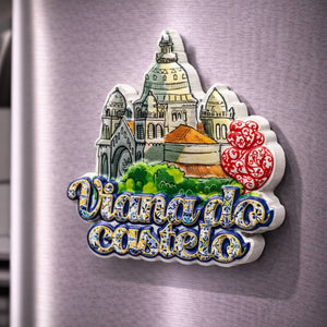 Viana do Castelo souvenir magnet placed on a fridge with illustrated monument, traditional heart and tile-inspired lettering