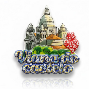 Viana do Castelo souvenir magnet with illustrated monument, traditional heart and tile-inspired lettering
