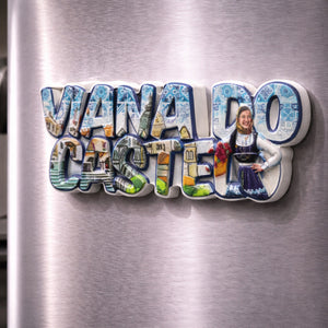 Viana do Castelo souvenir magnet with traditional costume figure, historic buildings and tile-inspired decorative patterns