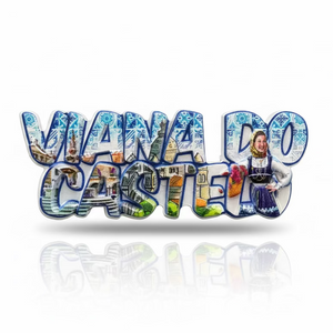 Viana do Castelo souvenir magnet with traditional costume figure, historic buildings and tile-inspired decorative patterns