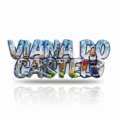 Viana do Castelo souvenir magnet with traditional costume figure, historic buildings and tile-inspired decorative patterns