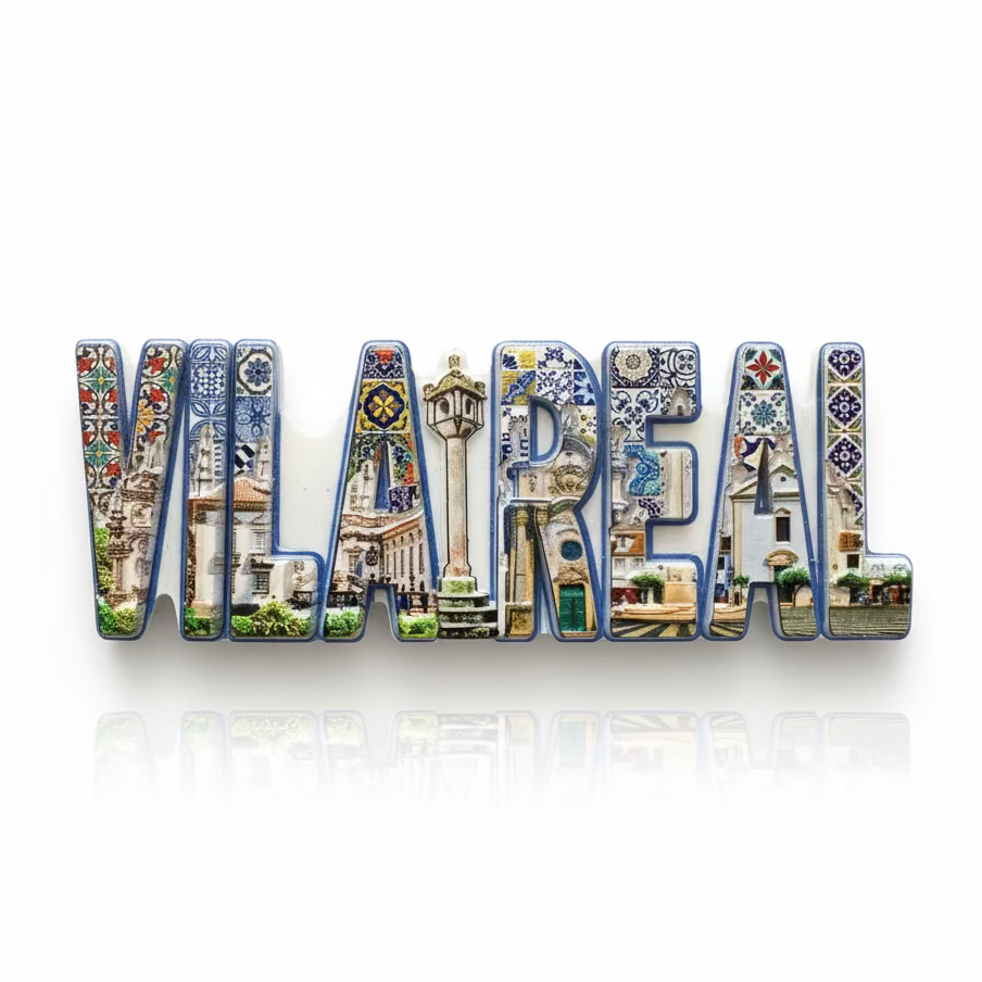 Vila Real souvenir magnet with historic buildings, monuments and tile-inspired decorative patterns