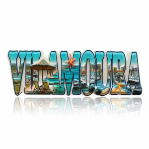 Vilamoura souvenir magnet with marina views, beach scenery and sea-inspired details
