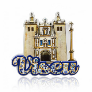 Viseu souvenir magnet with illustrated historic cathedral, religious architecture and tile-inspired lettering