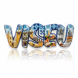 Viseu souvenir magnet with historic buildings, churches and tile-inspired decorative patterns