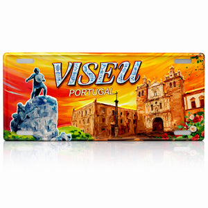 Viseu Portugal souvenir metal sign with statue of Viriato and Viseu Cathedral in a colorful historic city landscape.