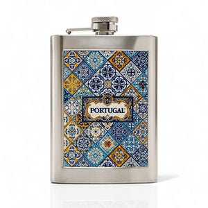 Stainless steel flask with Portuguese tile design and 'Portugal' text on a white background